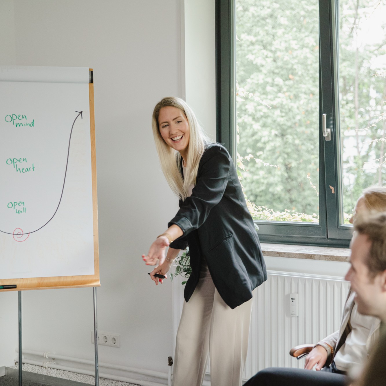 IOS Dozentin Lara Hahn steht vor einem Flipchart und erklärt ein Modell in der Coaching Ausbildung der IOS Akademie